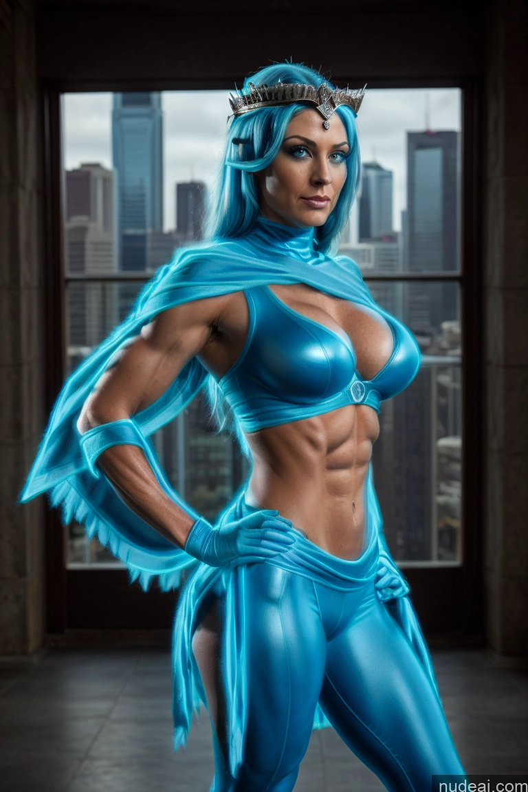 ai nude image of arafed woman in blue costume posing in a large room pics of Busty Muscular Front View Superhero Superheroine Deep Blue Eyes Blue Hair Neon Lights Clothes: Blue Has Wings Neon Lights Clothes: Orange Cosplay Abs Regal