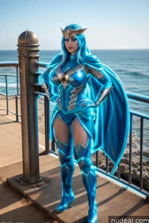 ai nude image of arafed woman dressed in blue costume standing on a pier pics of Busty Muscular Front View Superhero Superheroine Deep Blue Eyes Blue Hair Neon Lights Clothes: Blue Has Wings Neon Lights Clothes: Orange Cosplay Regal