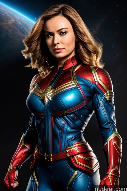 ai nude image of a close up of a woman in a captain marvel costume pics of Busty Front View Superhero Cosplay Captain Marvel Superheroine Muscular Space