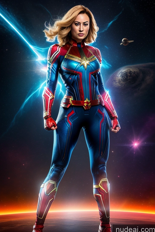 ai nude image of captain marvel is standing in front of a planet with a spaceship in the background pics of Busty Superhero Cosplay Captain Marvel Superheroine Muscular Science Fiction Style Space Dynamic View Heat Vision Neon Lights Clothes: Red Powering Up Neon Lights Clothes: Orange