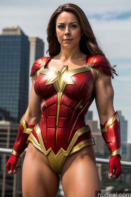 ai nude image of araffe woman in a red and gold costume posing for a picture pics of Busty Superhero Cosplay Muscular Mary Thunderbolt Front View