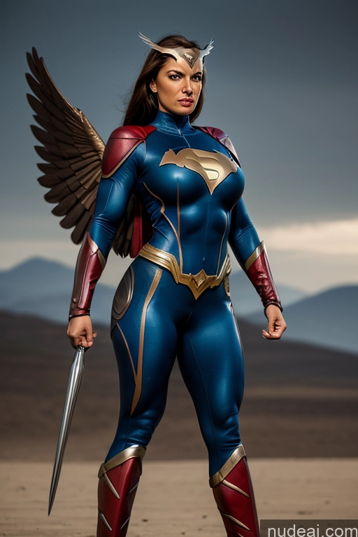 ai nude image of arafed woman in a blue and red costume with wings and a sword pics of Busty Superhero Cosplay Muscular Front View Superheroine Hawkgirl