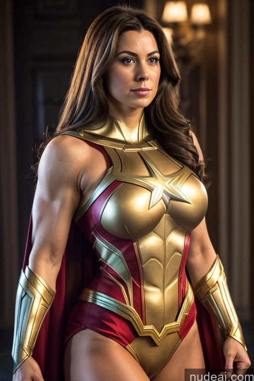 ai nude image of a close up of a woman in a costume posing for a picture pics of Busty Superhero Cosplay Muscular Front View Mary Thunderbolt Regal