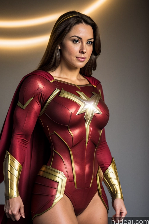 ai nude image of araffe woman in a red and gold costume posing for a picture pics of Busty Superhero Cosplay Muscular Front View Mary Thunderbolt Regal