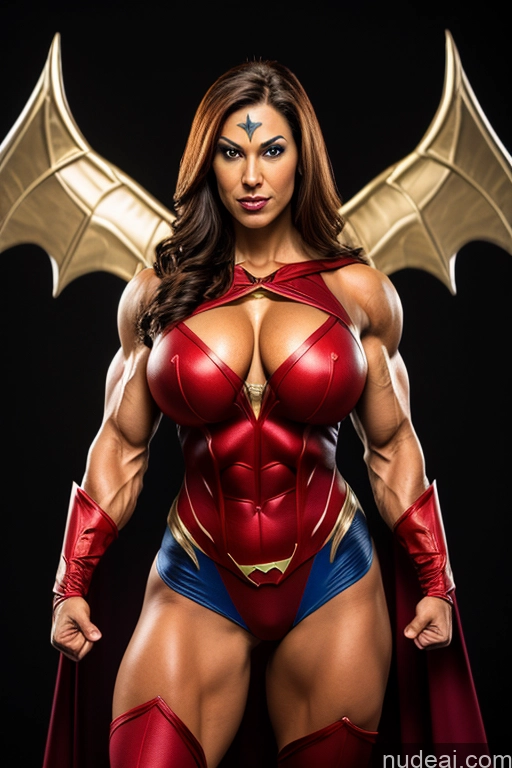 ai nude image of arafed woman in a red costume posing for a picture pics of Front View Superheroine Muscular Superhero Cosplay Busty Devil