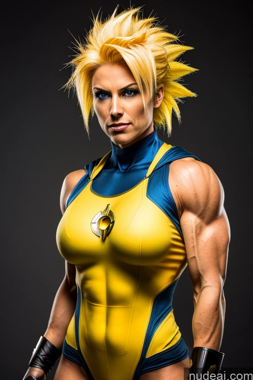 ai nude image of arafed woman in a yellow and blue costume posing for a picture pics of Front View Superheroine Muscular Superhero Cosplay Busty Super Saiyan