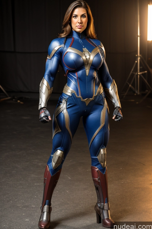 ai nude image of araffe woman in a blue and gold costume posing for a picture pics of Front View Superheroine Muscular Superhero Cosplay Busty Mech Suit