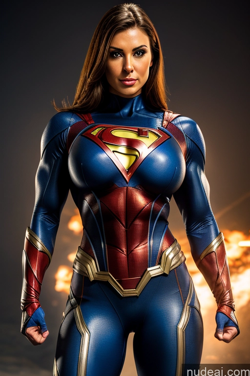 ai nude image of arafed woman in a superman suit posing for a picture pics of Front View Superheroine Muscular Superhero Cosplay Busty Sci-fi Armor