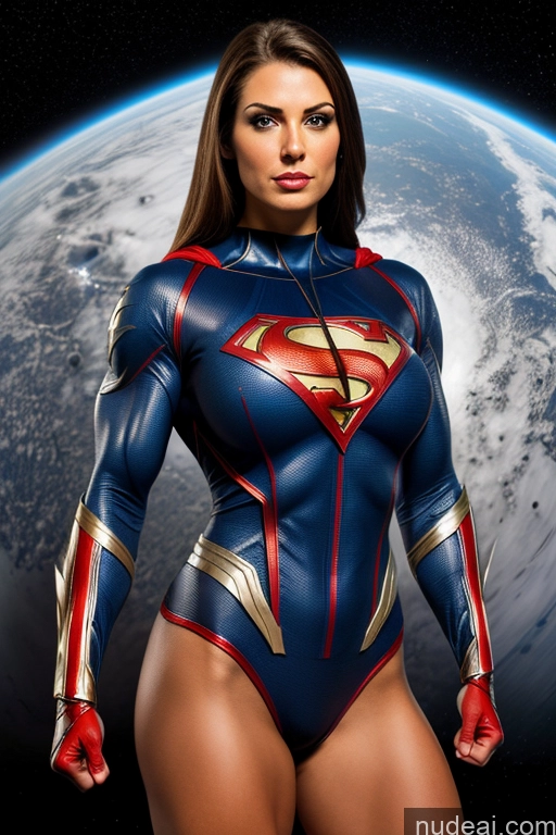 ai nude image of a close up of a woman in a superman suit posing for a picture pics of Front View Superheroine Muscular Superhero Cosplay Busty Space Suit