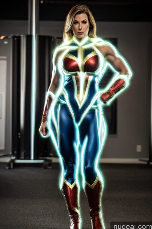 ai nude image of arafed woman in a superhero costume posing for a picture pics of Front View Superheroine Muscular Superhero Cosplay Busty Neon Lights Clothes: Blue Neon Lights Clothes: Yellow