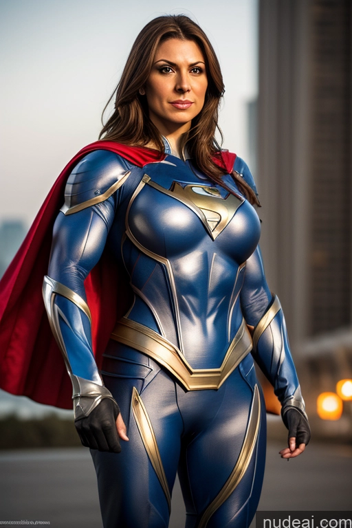 ai nude image of arafed woman in a blue and gold costume posing for a picture pics of Front View Superheroine Muscular Superhero Cosplay Busty Knight