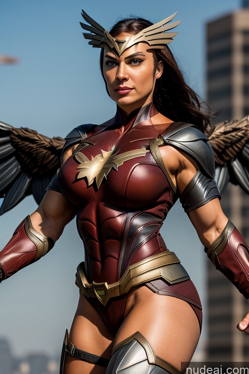 ai nude image of araffe woman in a costume with wings and armor pics of Front View Superheroine Muscular Superhero Cosplay Busty Hawkgirl