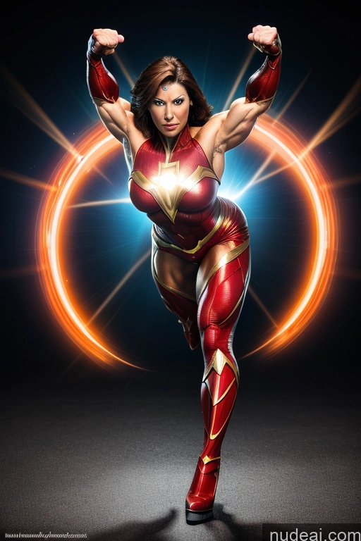 ai nude image of a woman in a red and gold costume posing for a photo pics of Front View Superheroine Muscular Superhero Cosplay Busty Powering Up