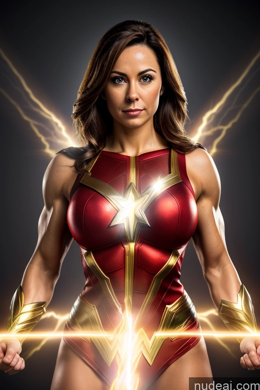 ai nude image of a woman in a red and gold costume holding a lightning bolt pics of Front View Muscular Superhero Cosplay Busty Powering Up Mary Thunderbolt