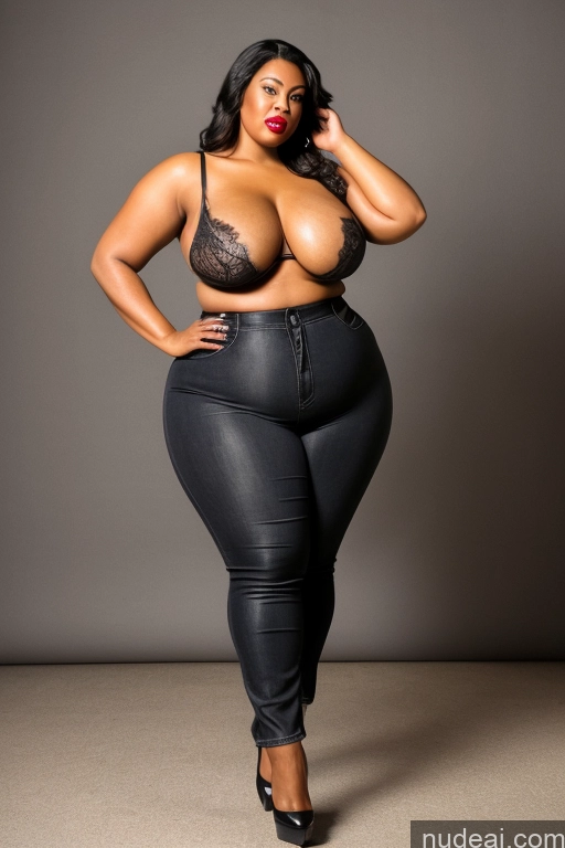 ai nude image of a woman in a black bra top and black pants posing for a picture pics of 30s Chubby Big Ass Lipstick Perfect Boobs Big Hips Long Legs Dark Skin Sexy Face Black Hair Messy Brazilian Dark Fantasy Bar Front View Cumshot 80s Dominatrix Nun Topless Beer Dark Lighting Alternative