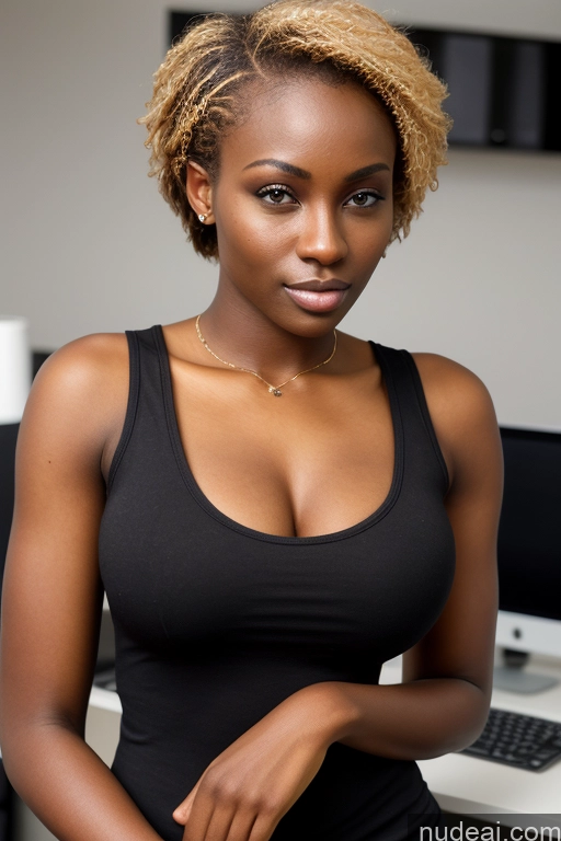 ai nude image of there is a woman in a black top posing for a picture pics of 18 Pixie Blonde Model Bright Lighting African Small Ass Busty Skinny Dark Skin Front View Casual Tank Top Office