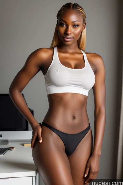 ai nude image of there is a woman in a white top and black panties pics of 18 Pixie Blonde Model Bright Lighting African Small Ass Busty Skinny Dark Skin Front View Casual Tank Top Office