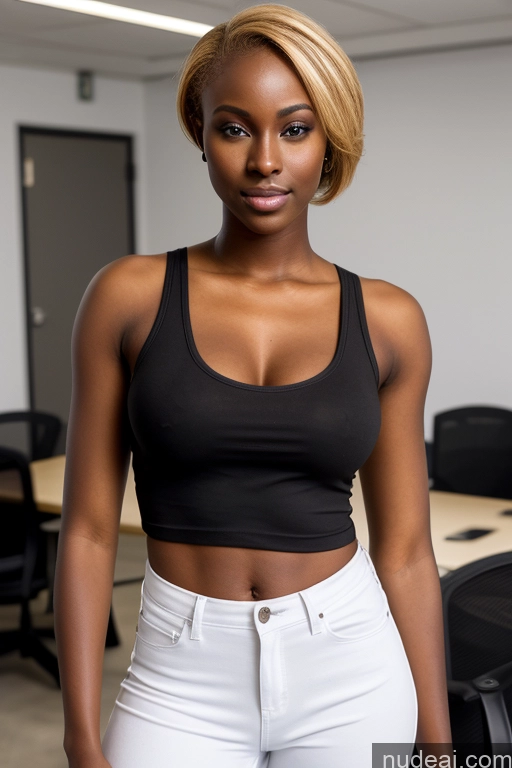 ai nude image of there is a woman that is standing in a room with a desk pics of 18 Pixie Blonde Model Bright Lighting African Small Ass Busty Skinny Dark Skin Front View Casual Tank Top Office