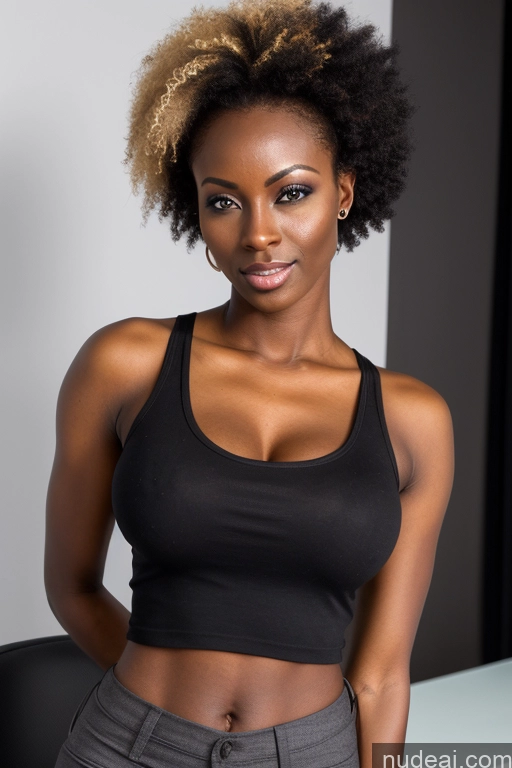 ai nude image of there is a woman with a very big breast posing for a picture pics of Pixie Blonde Model Bright Lighting African Small Ass Busty Skinny Dark Skin Front View Casual Tank Top Office 30s