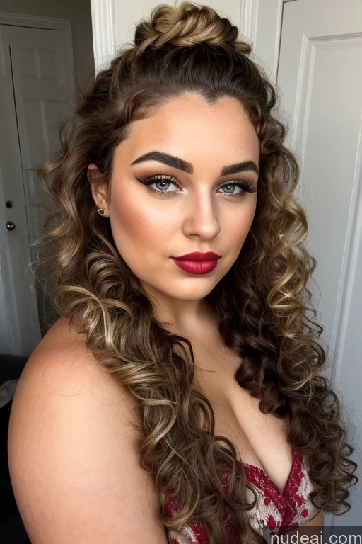 ai nude image of a close up of a woman with long curly hair and a red dress pics of Woman Beautiful Lipstick Big Ass Big Hips Chubby Curly Hair 20s Mirror Selfie Nude Ginger Bright Lighting Detailed Long Hair Pouting Lips Irish Front View Bedroom