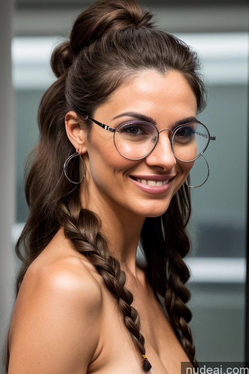 ai nude image of arafed woman with glasses and braided hair smiling at the camera pics of Woman + Man Two Perfect Boobs Glasses Beautiful Thick Tall Perfect Body Long Hair Fairer Skin 20s Happy Brunette Hair Bun Turkish Sauna Front View Nude Blowjob