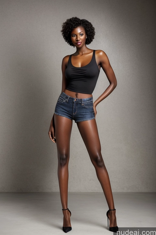 ai nude image of arafed woman in a black top and denim shorts posing for a picture pics of Pixie Blonde Model Bright Lighting African Small Ass Busty Skinny Dark Skin Front View Office High Heels Short Hair Long Legs 20s Short Shorts Tank Top