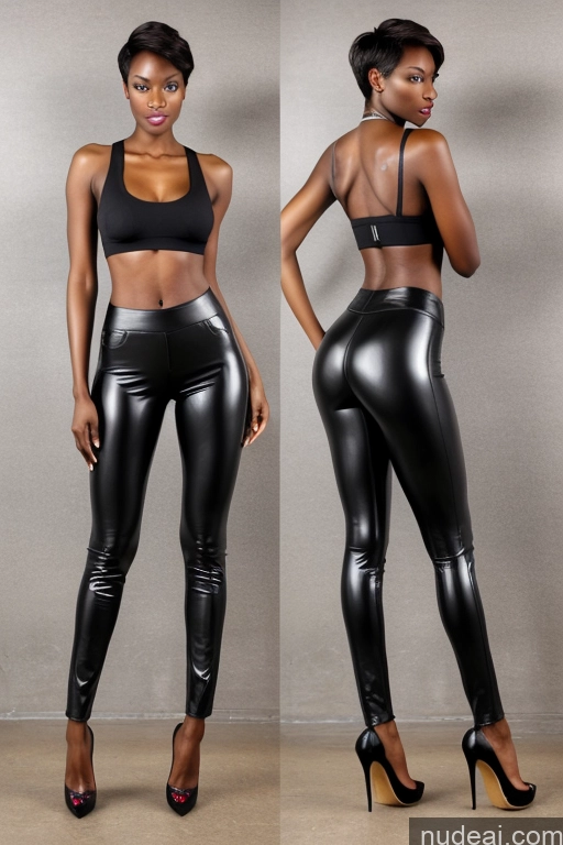 ai nude image of a close up of two photos of a woman in black leather pants pics of Pixie Blonde Model Bright Lighting African Small Ass Busty Skinny Dark Skin Front View Office High Heels Short Hair Long Legs 20s Tank Top Latex Yoga Pants Steampunk