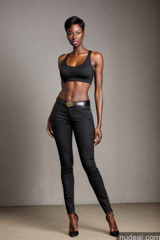 ai nude image of arafed woman in black top and jeans posing for a picture pics of Pixie Blonde Model Bright Lighting African Small Ass Busty Skinny Dark Skin Front View Office High Heels Short Hair Long Legs Tank Top Yoga Pants Steampunk 40s