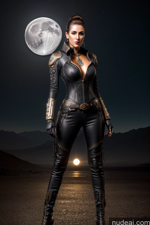 ai nude image of arafed woman in leather outfit posing in front of a full moon pics of Detailed Dark Lighting Jewelry Steampunk Spandex Military Jeans Leather Cosplay Science Fiction Style Moon