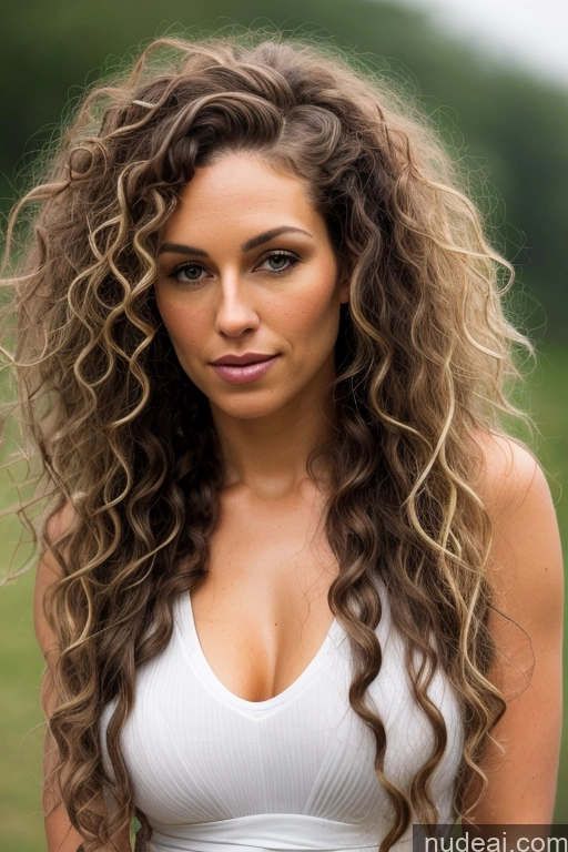 ai nude image of arafed woman with long curly hair and a white top pics of Milf One Thick Curly Hair 40s Seductive Messy 3d Front View Tank Top Perfect Boobs Long Hair Sexy Face Brunette White Short Shorts