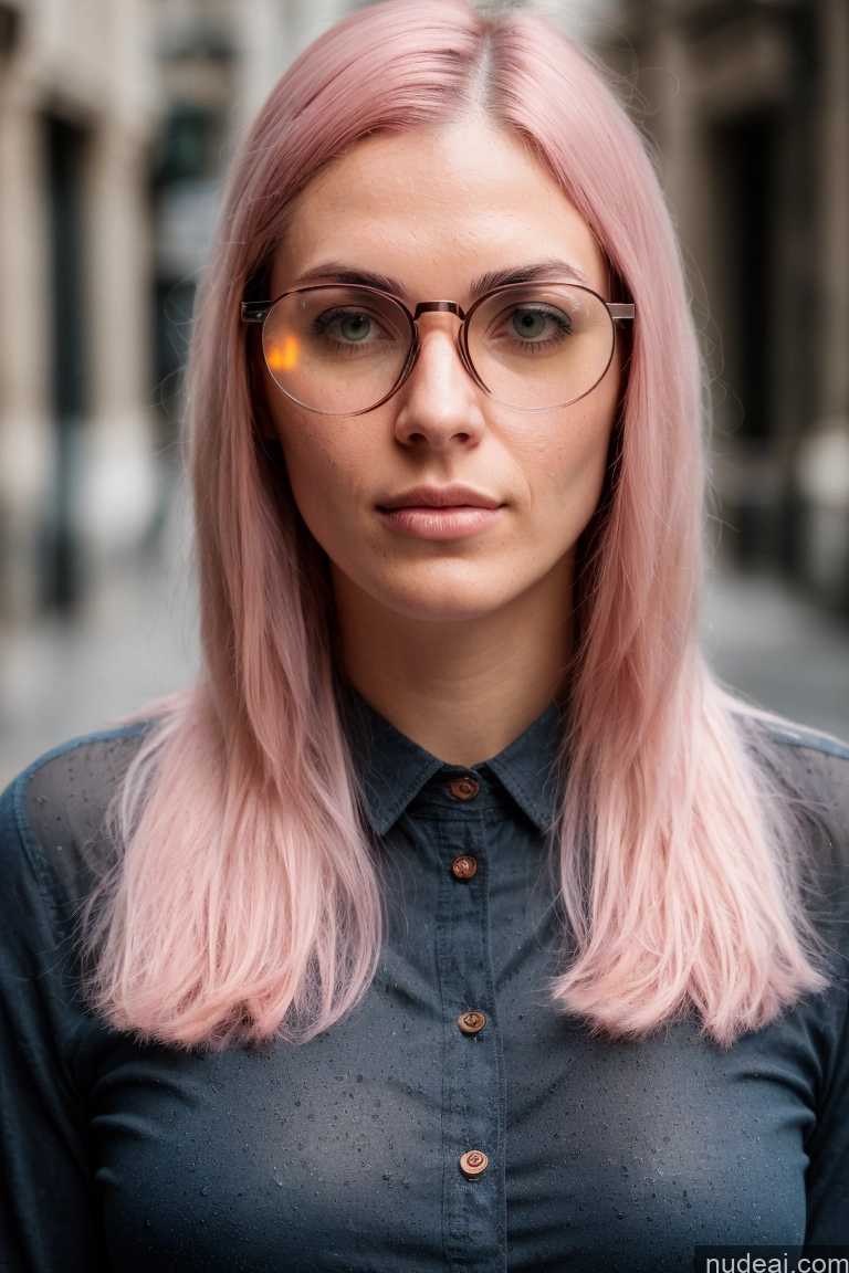 ai nude image of blond woman with pink hair and glasses standing in a city street pics of 18 White Short Glasses Serious Pink Hair Straight