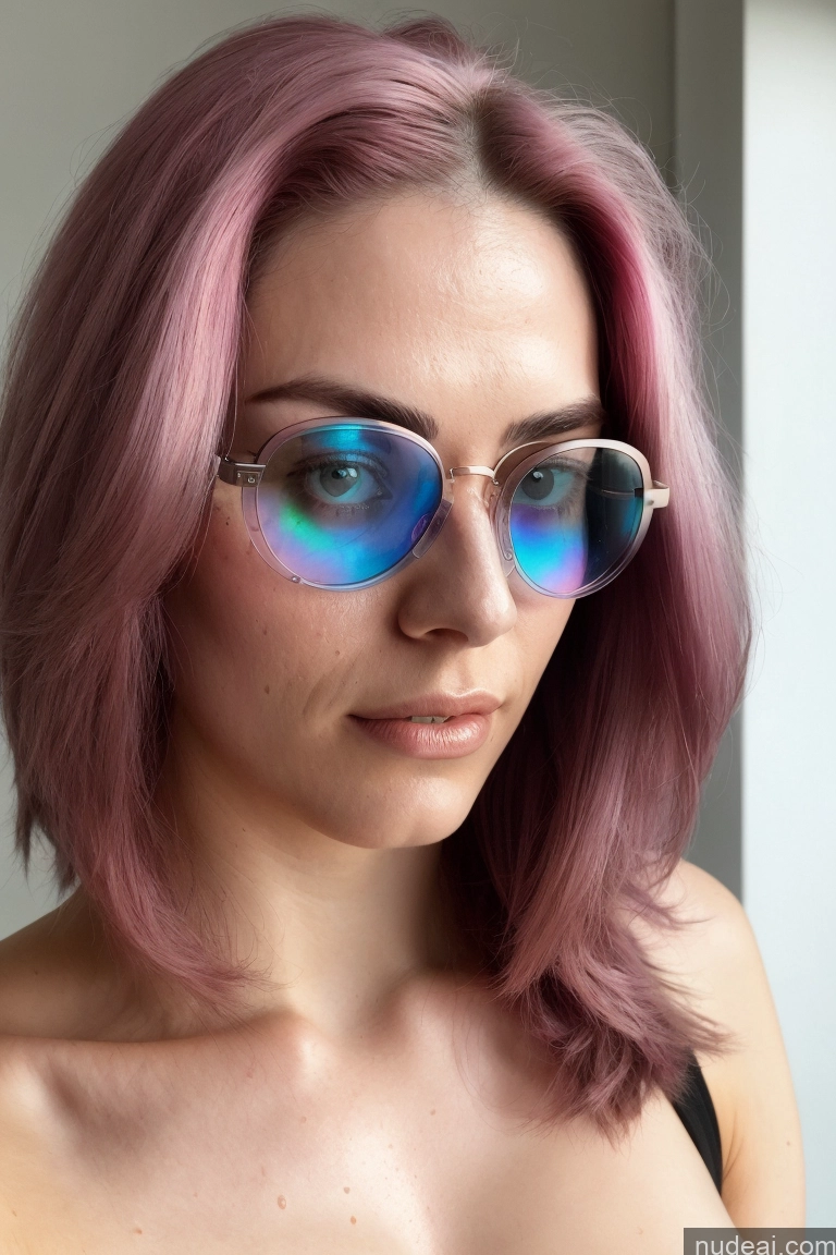 ai nude image of arafed woman with pink hair and glasses looking at the camera pics of 18 White Short Glasses Serious Pink Hair Mirror Selfie