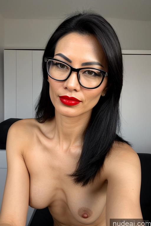 ai nude image of arafed asian woman with glasses and red lipstick posing for a picture pics of Milf Two Small Tits Skinny Fairer Skin Tall Black Hair Straight Chinese Side View Nude Diamond Jewelry Serious Orgasm 50s Flight Attendant Properkissing Lipstick