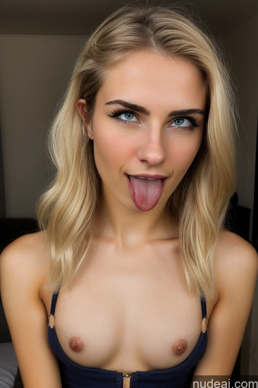 ai nude image of blond woman with blue eyes and a blue bra top sticking out her tongue pics of Woman One Small Tits Beautiful Small Ass Skinny Short 18 Ahegao Blonde Straight German Mirror Selfie Bright Lighting Detailed Nude Close-up View Cumshot