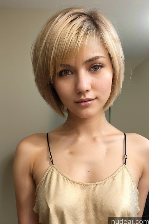 ai nude image of blond woman with short hair and a tan top posing for a picture pics of Girl Legspread Small Tits Short Short Hair 18 Blonde Jacket