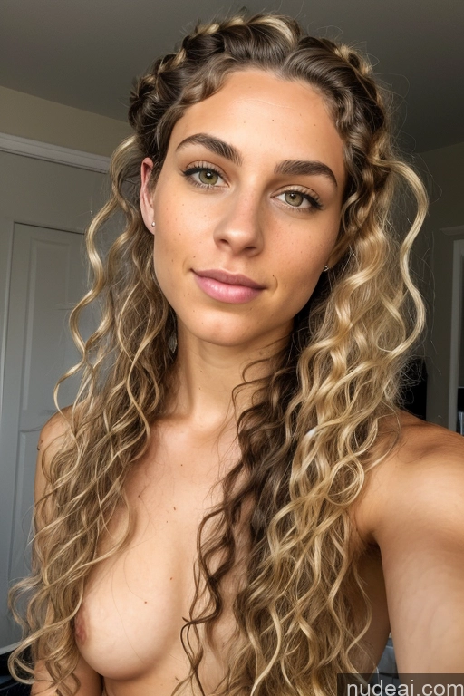 ai nude image of arafed woman with long curly hair and a braid in her hair pics of One Woman Skinny Curly Hair Long Hair Small Tits 18 Blonde British Mirror Selfie Bedroom Nude Dark Lighting Detailed Partially Nude