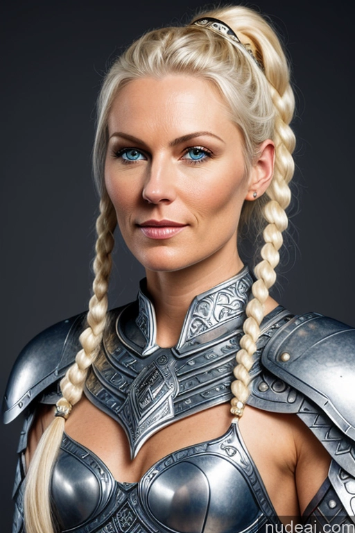 ai nude image of blond woman in armor with braids and blue eyes posing for a picture pics of Milf One Small Tits 40s White Hair Scandinavian Street Front View Fantasy Armor Sci-fi Armor Ponytail Vintage Viking Topless Gold Jewelry Diamond Jewelry Jewelry Pearl Jewelry