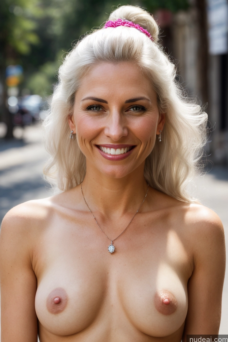 ai nude image of blond woman with a pink headband posing naked on the street pics of Milf One Small Tits 30s Happy White Hair Ponytail White Skin Detail (beta) Street Front View Pirate Sari Traditional Victorian Cleavage Partially Nude Topless Transparent Diamond Jewelry