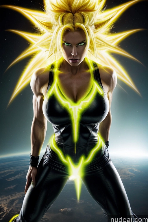 ai nude image of a close up of a woman in a black outfit with yellow lights pics of Super Saiyan 3 Muscular Cosplay Busty 18 Super Saiyan Science Fiction Style Neon Lights Clothes: Yellow Neon Lights Clothes: Orange Neon Lights Clothes: Red Dynamic View Space Woman