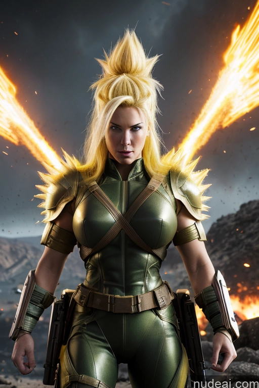 ai nude image of blond woman in green leather outfit with yellow wings and guns pics of Super Saiyan 3 Muscular Cosplay Busty 18 Super Saiyan Science Fiction Style Neon Lights Clothes: Yellow Neon Lights Clothes: Orange Neon Lights Clothes: Red Dynamic View Woman Battlefield