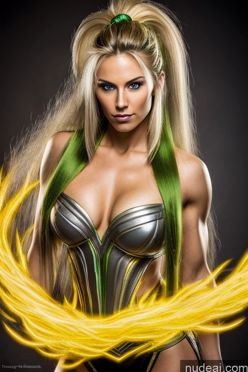 ai nude image of arafed woman with long blonde hair and green hair posing for a picture pics of Super Saiyan 3 Muscular Cosplay Busty 18 Super Saiyan Science Fiction Style Neon Lights Clothes: Yellow Neon Lights Clothes: Orange Neon Lights Clothes: Red Dynamic View Woman Powering Up Long Hair