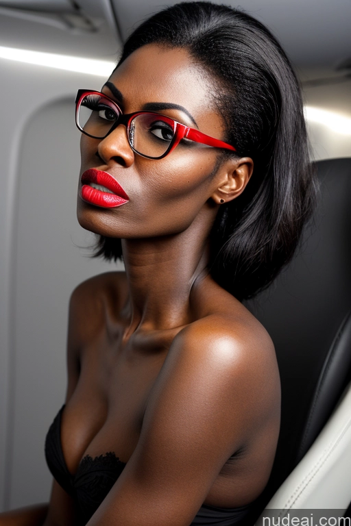 ai nude image of there is a woman with red glasses sitting in a plane pics of Milf Two Small Tits Lipstick Skinny Tall Dark Skin 50s Serious Angry Black Hair African Side View Bending Over Nude Flight Attendant Beautiful