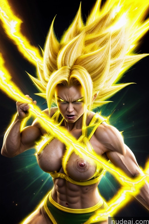 ai nude image of a woman with a very big breast is posing for a picture pics of Super Saiyan 3 Powering Up Busty Muscular Super Saiyan Regal Neon Lights Clothes: Yellow Space