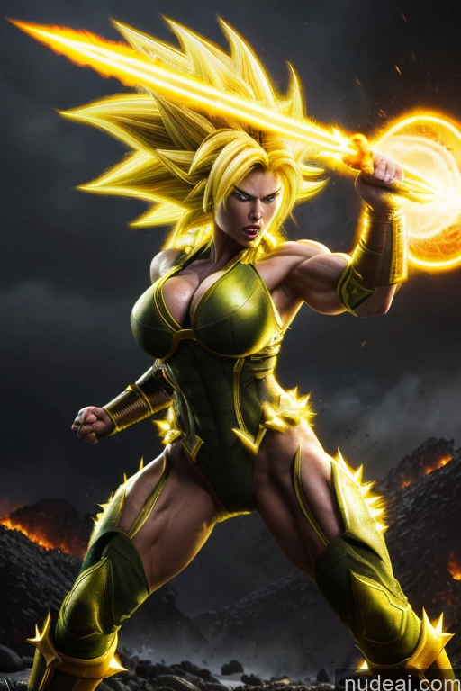 ai nude image of a woman in a yellow outfit holding a fire ball pics of Super Saiyan 3 Powering Up Busty Muscular Super Saiyan Regal Neon Lights Clothes: Yellow Battlefield