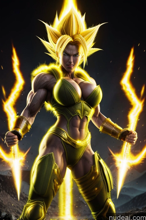 ai nude image of a woman in a yellow outfit holding a sword and a yellow flame pics of Super Saiyan 3 Powering Up Busty Muscular Super Saiyan Regal Neon Lights Clothes: Yellow Battlefield