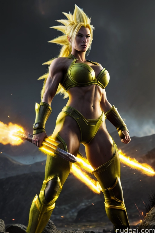 ai nude image of arafed woman in a yellow outfit holding a sword and fire pics of Super Saiyan 3 Powering Up Busty Muscular Super Saiyan Regal Neon Lights Clothes: Yellow Battlefield Dynamic View 18 Neon Lights Clothes: Red Neon Lights Clothes: Orange