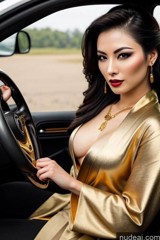 ai nude image of araffe woman in a gold dress sitting in a car pics of One Sexy Face Brunette 20s Gold Jewelry Slicked Small Tits Asian Car Vampire Kimono