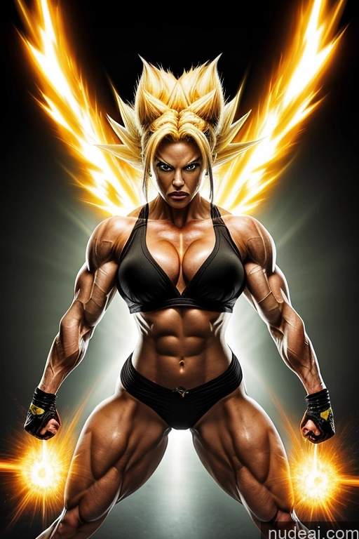 ai nude image of a woman with a very big muscles posing for a picture pics of Powering Up Busty Muscular Super Saiyan 3 Martial Arts