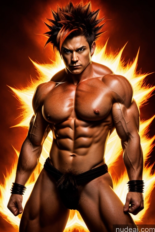 ai nude image of a close up of a man with a muscular body and a fire background pics of Powering Up Super Saiyan 4 Busty Muscular Martial Arts