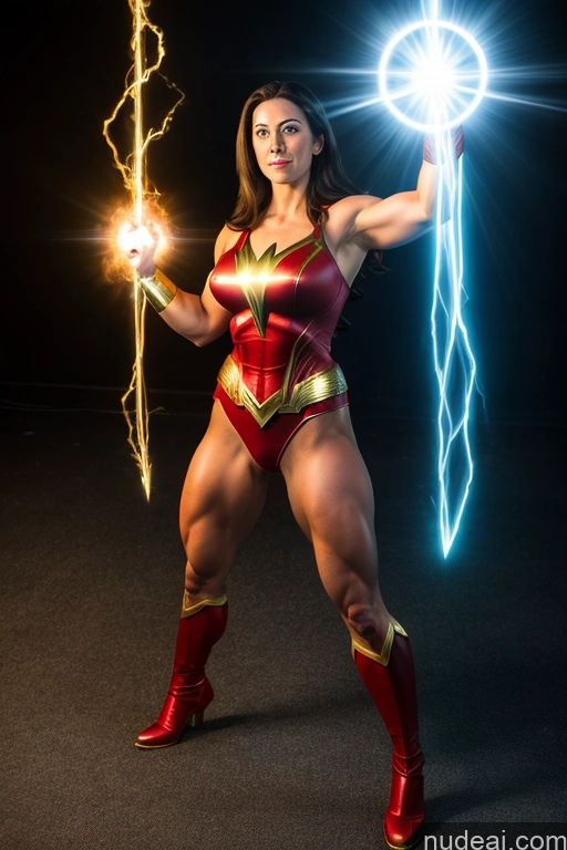 ai nude image of arafed woman in a red and gold costume holding a lightning bolt pics of Busty Mary Thunderbolt Powering Up Cosplay Muscular